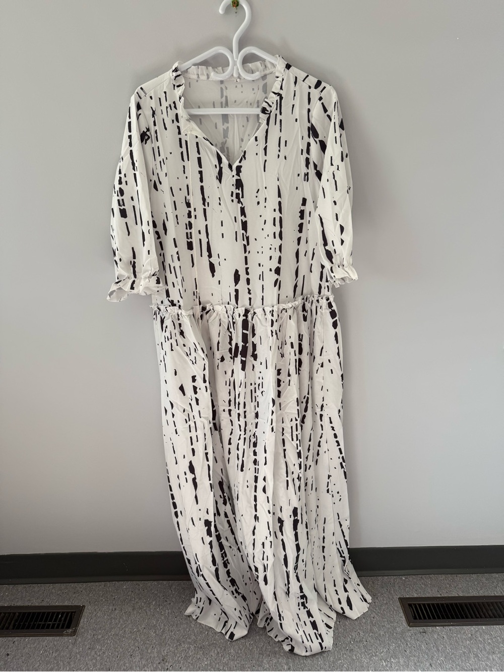 White and Black Printed Maxi Dress with Tie Waist